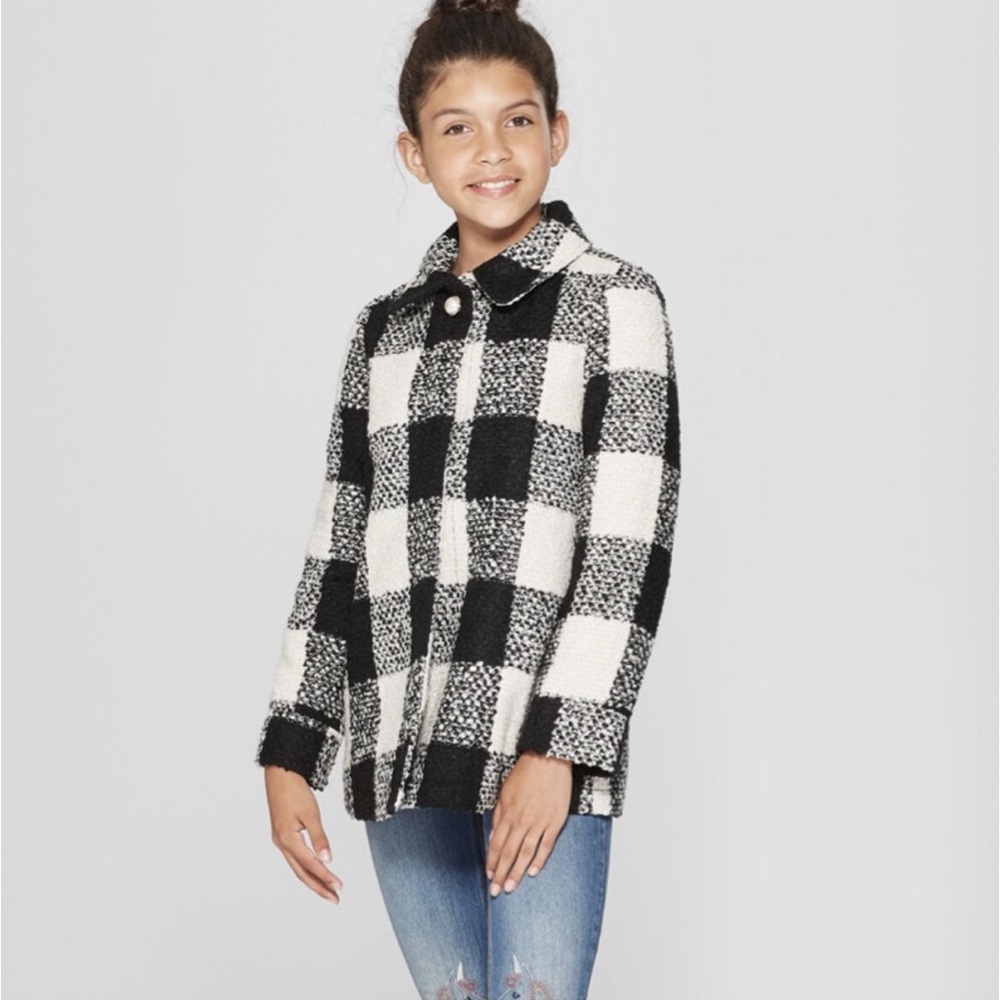 CAT & JACK GIRLS  BLACK AND WHITE PLAID TWEED JACKET SIZE M(7-8)